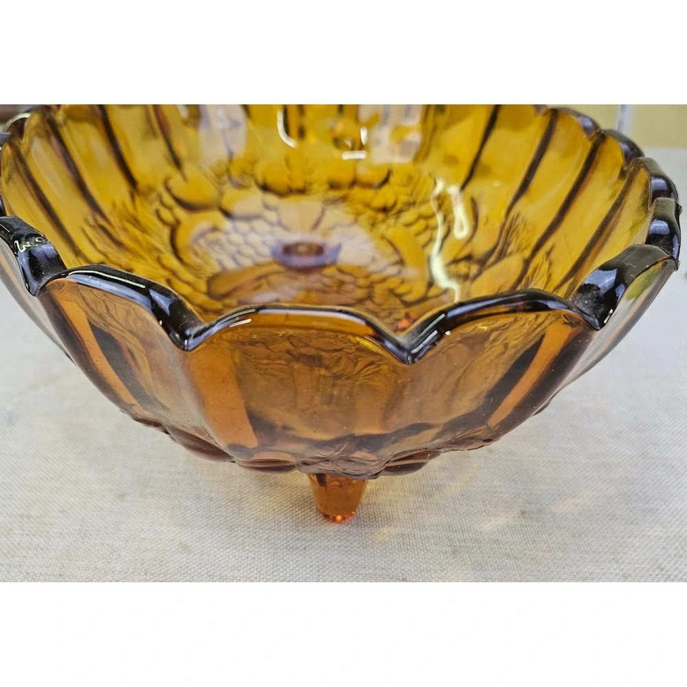 Vintage Amber Indian Glass Fruit Bowl Footed Oval Scalloped Rim Embossed Fruit